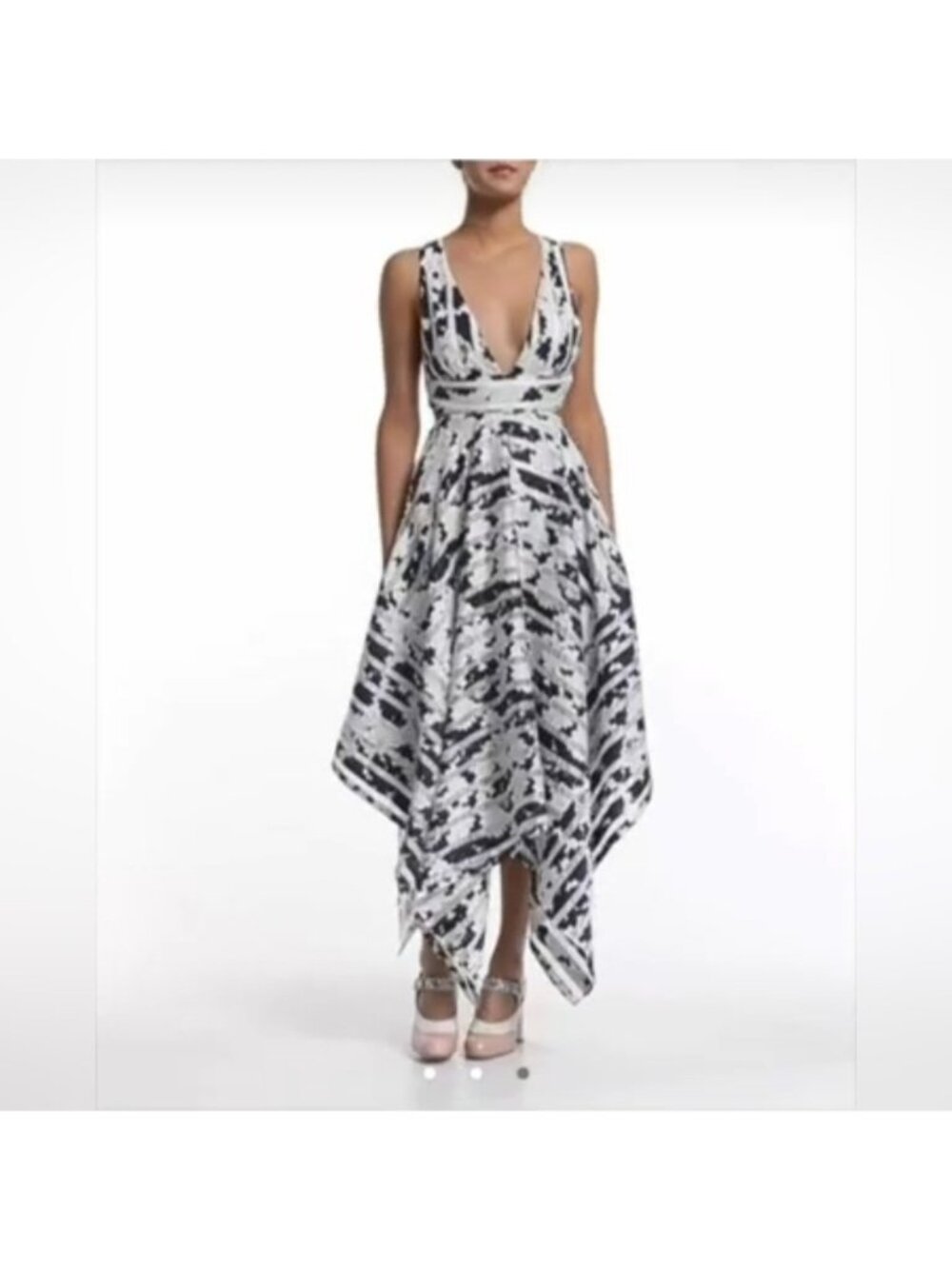 EUC $715 ALEXIS Cut Out MIDI Dress Stripe plunge open back Asymmetrical XS
